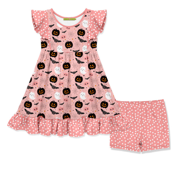 Kids Halloween Peach Angel-Sleeve Dress & Dot Shorts