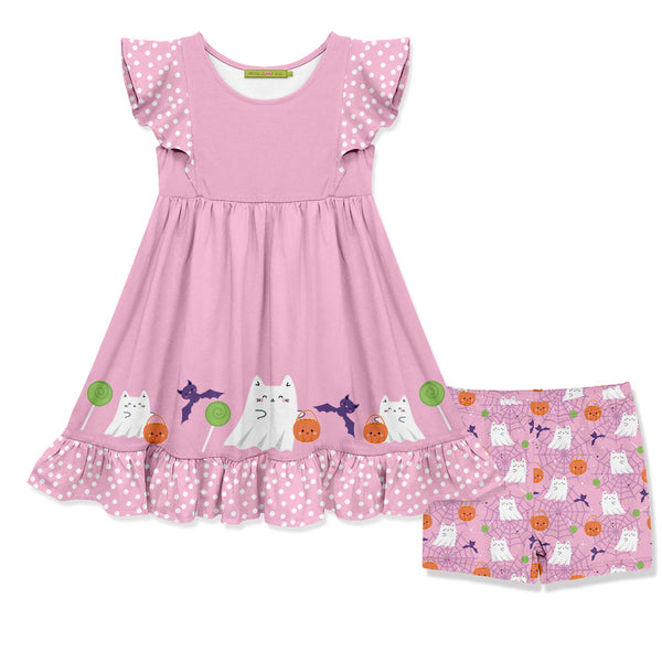 Kids Pink Ghost&Lollipops Border Angel-Sleeve Dress & Shorts