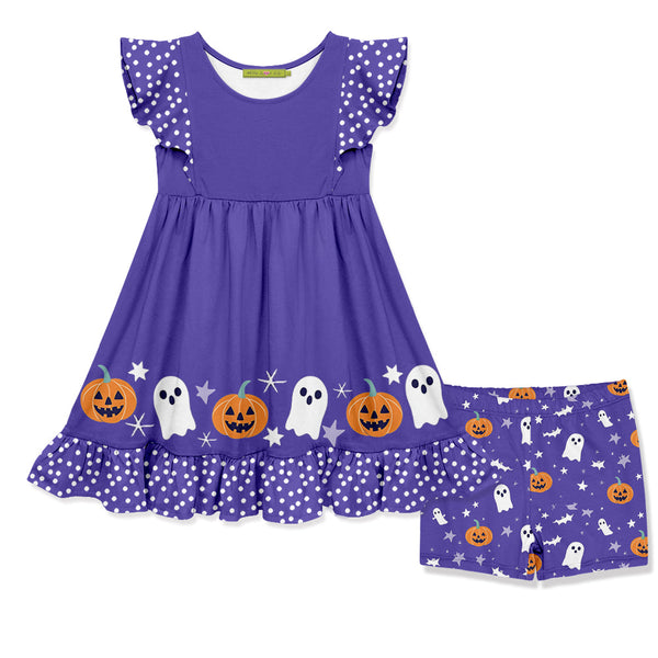 Kids Purple Pumpkin Stars Angel-Sleeve Dress & Shorts