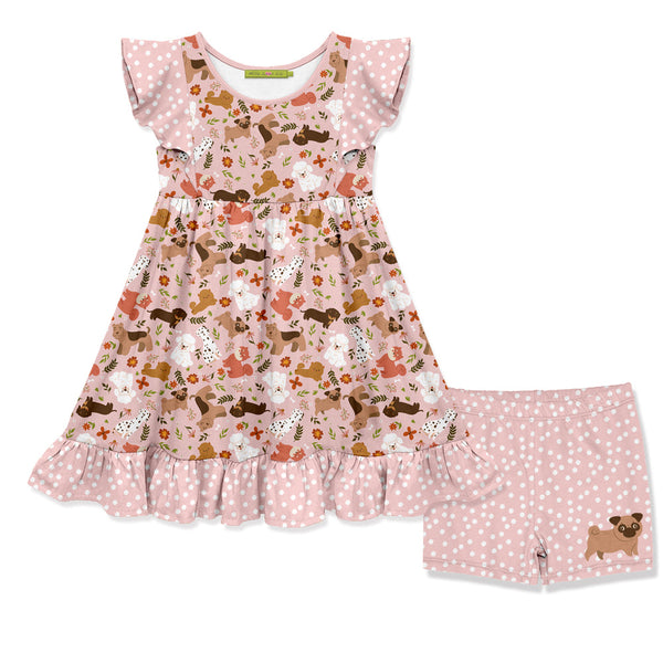 Kids Pink Dog Days Angel-Sleeve Dress & Shorts