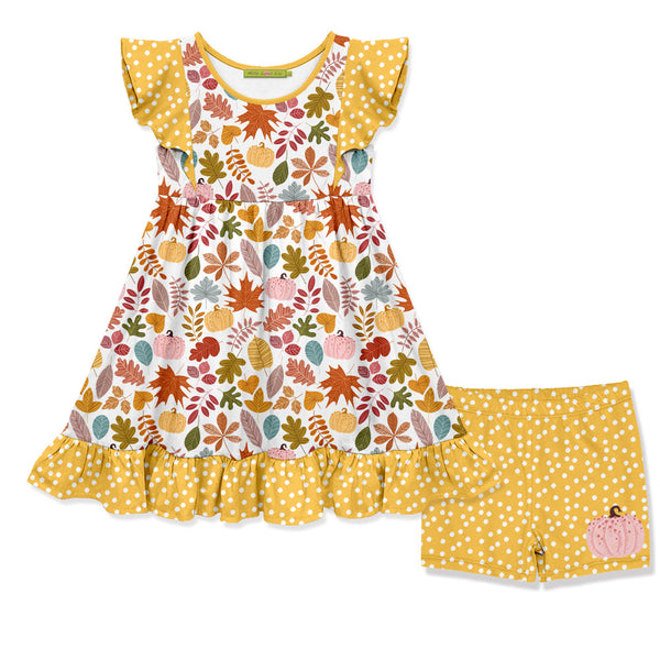 Kids Yellow Leaves Angel-Sleeve Dress & Dot Shorts