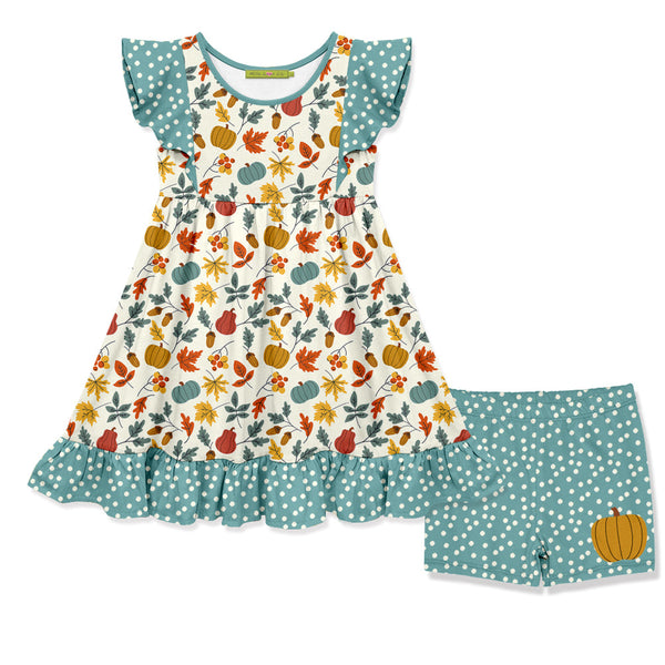 Kids Cream Acorns & Pumpkins Angel-Sleeve Dress & Dot Shorts