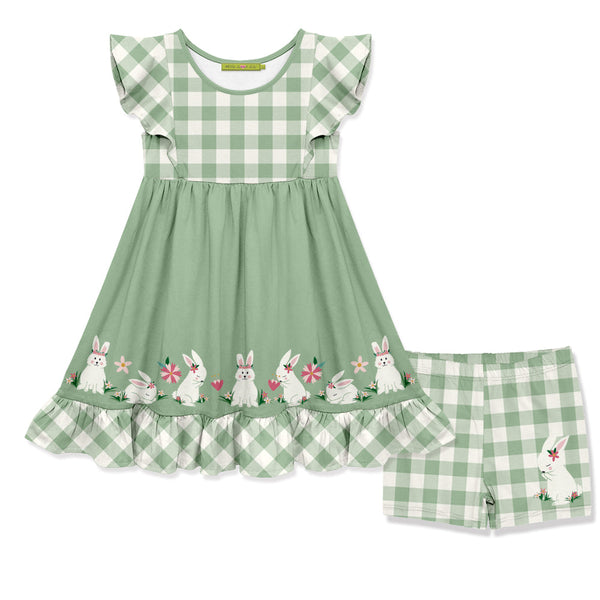 Kids Sage Check Bunny Angel-Sleeve Dress & Shorts