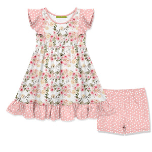 Kids Pink Wild Rose Angel-Sleeve Dress & Shorts
