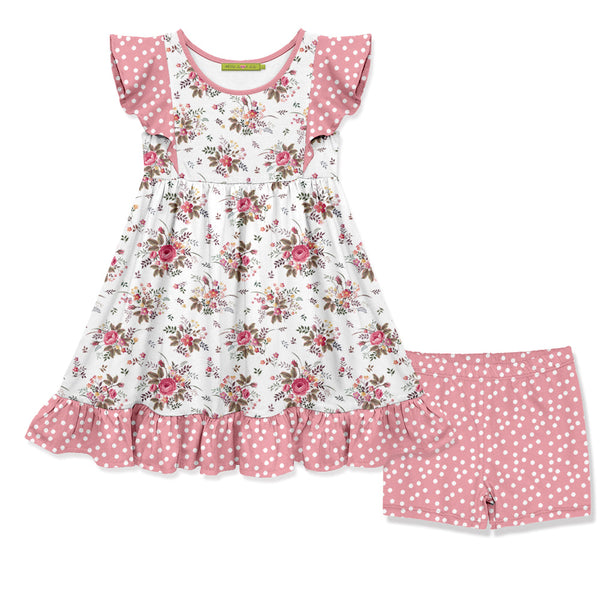 Kids Pink Floral Bouquet Angel-Sleeve Dress & Shorts