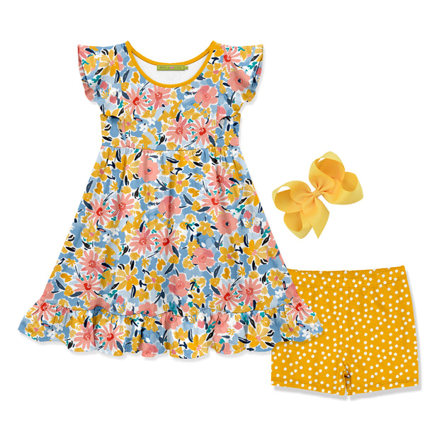 3-PC Marigold Floral Filagree Angel-Sleeve Dress & Hair Bow Set