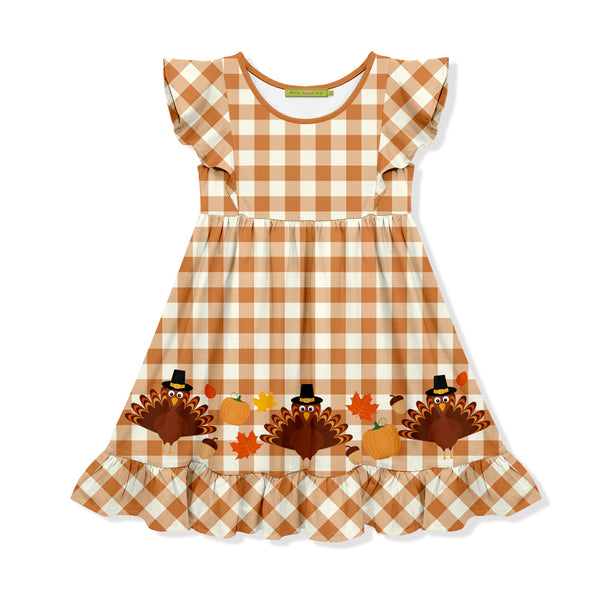 Orange Gingham Turkey Angel-Sleeve Dress