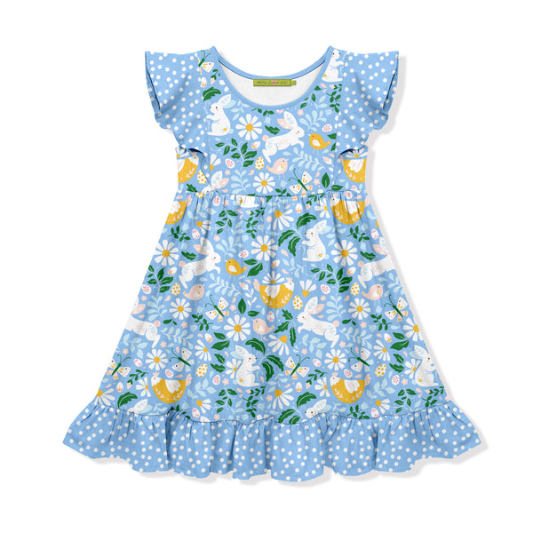 Ice Blue Bunny Flower Angel-Sleeve Dress