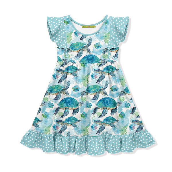 Mint Turtle Wonder Angel-Sleeve Dress