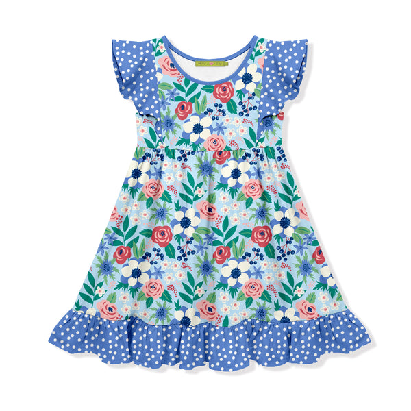 Ice Blue Mandy Floral Angel-Sleeve Dress