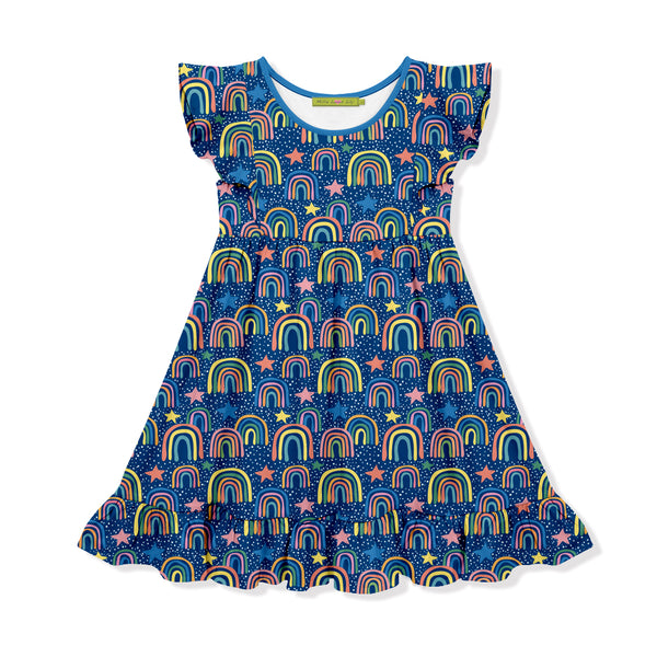 Navy Rainbow Stars Angel-Sleeve Dress