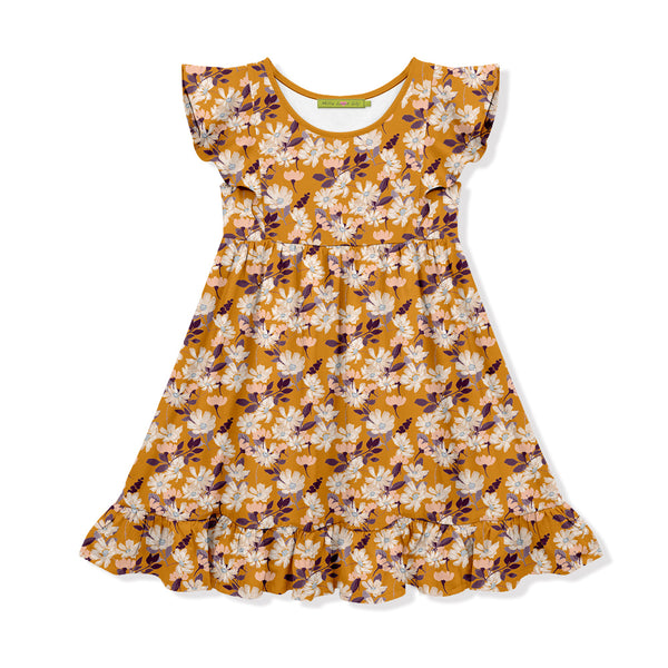 Marigold Toulouse Floral Angel-Sleeve Dress