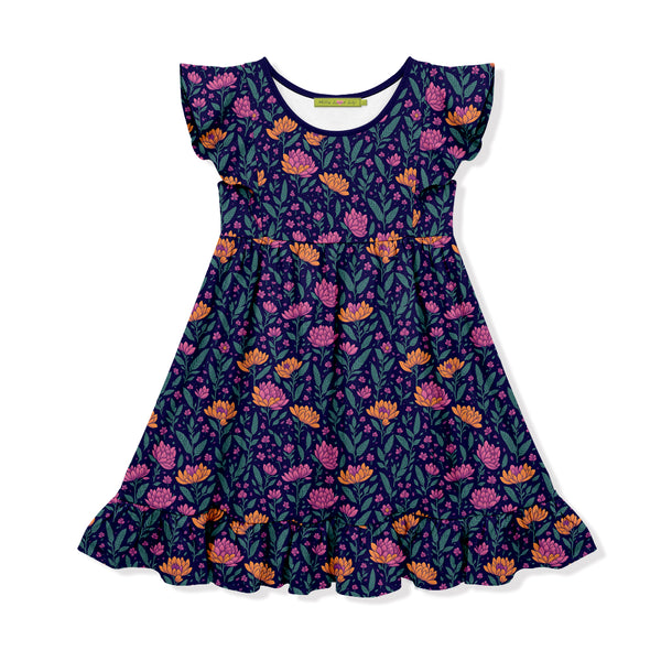 Navy Midnight Floral Angel-Sleeve Dress