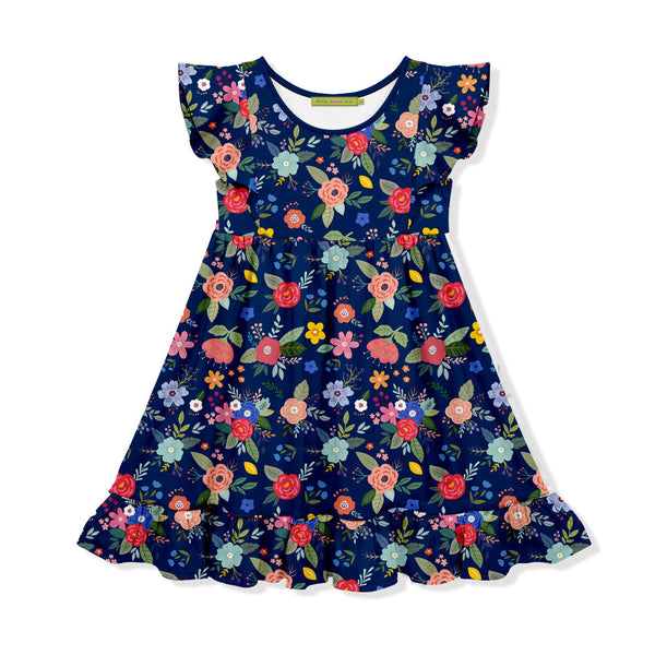 Navy Four Florals Angel-Sleeve Dress