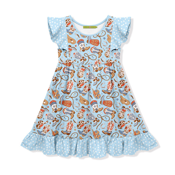 Kids Light Blue Howdy Boots Angel-Sleeve Dress
