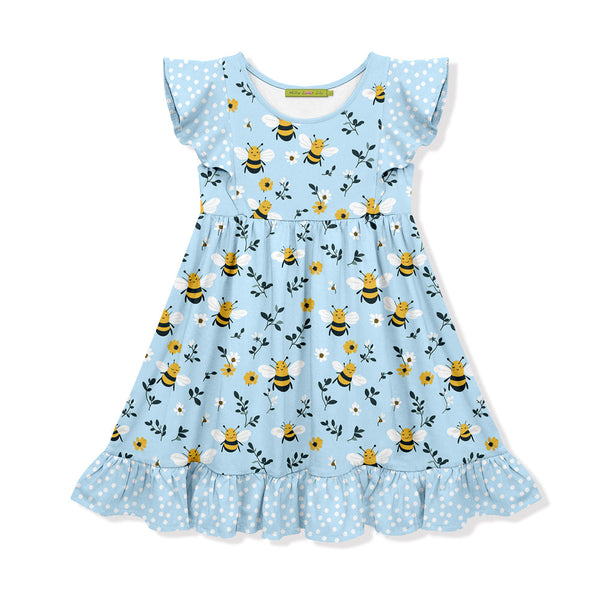 Kids Light Blue Bees Angel-Sleeve Dress