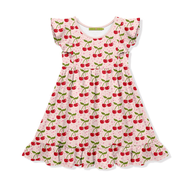 Kids Light Pink Cherries Angel-Sleeve Dress