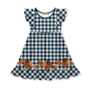 Kids Navy Gingham Tom Turkey Border Angel-Sleeve Dress