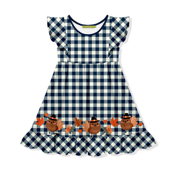 Kids Navy Gingham Tom Turkey Border Angel-Sleeve Dress