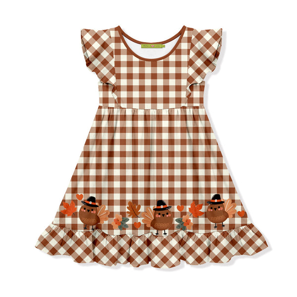 Kids Caramel Cafe Gingham Tom Turkey Border Angel-Sleeve Dress