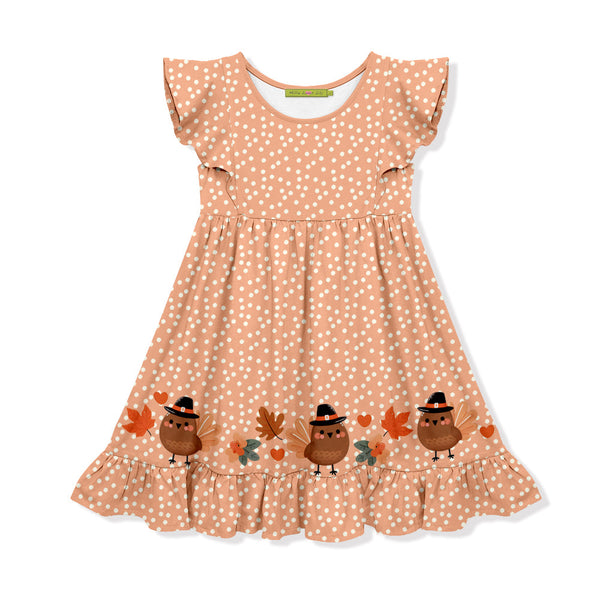 Kids Coral Dot Tom Turkey Border Angel-Sleeve Dress