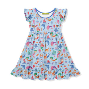 Kids Periwinkle Mermaid Sea Angel-Sleeve Dress