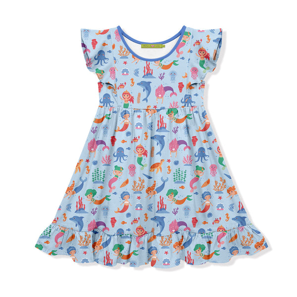 Kids Periwinkle Mermaid Sea Angel-Sleeve Dress