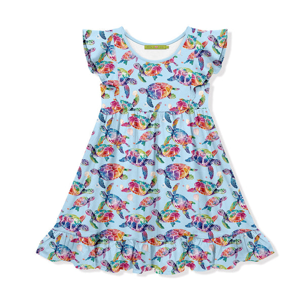 Kids Ice Blue Tie-Dye Turtles Angel-Sleeve Dress