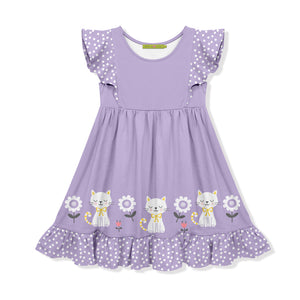 Millie Loves Lily Girls Purple Kitty Border Print Angel Sleeve Dress, Girls Size 8