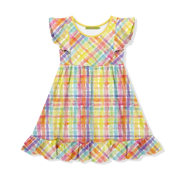 Kids Yellow Painted Plaid Angel-Sleeve Dress