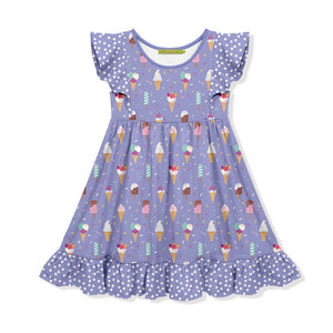 Millie Loves Lily Purple dress with ice cream cone pattern on a white background, front