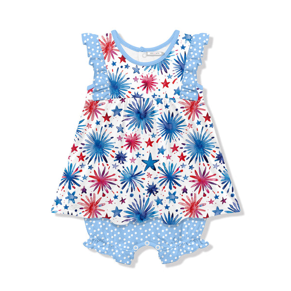 White Watercolor Fireworks Skirted Bubble Romper