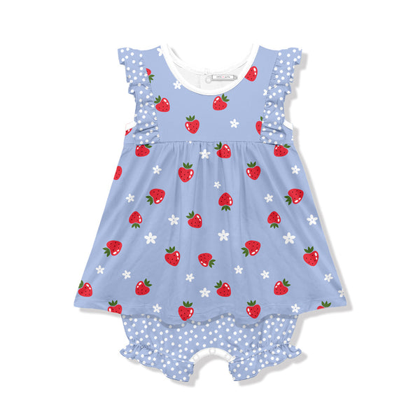 Kids Periwinkle Strawberries Skirted Bubble Romper