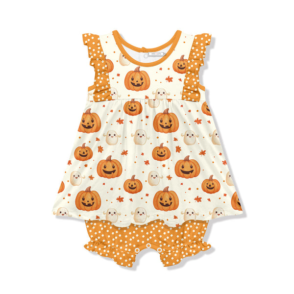 Kids Cream Happy Pumpkin Skirted Bubble Romper