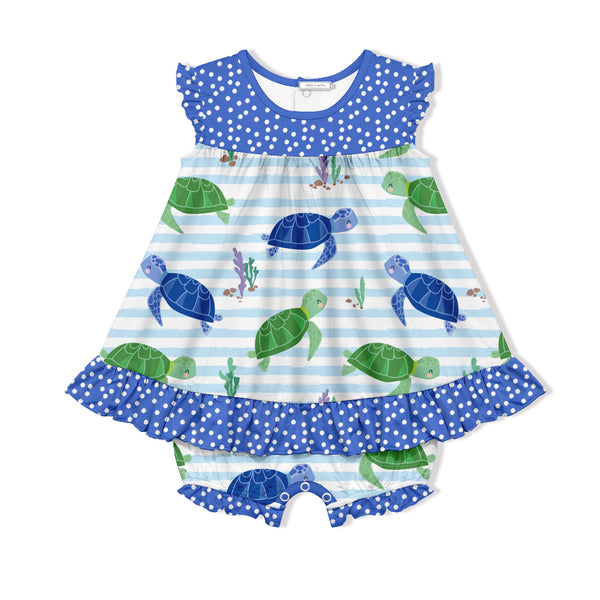 Ice Blue Swimming Turtle Skirted Bubble Romper