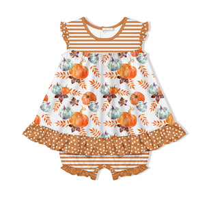 Kids White Pumpkin Patchwork Skirted Bubble Romper