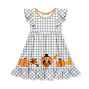 Gray Gingham Turkey Angel-Sleeve Dress