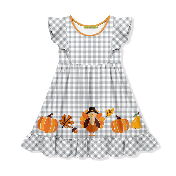 Gray Gingham Turkey Angel-Sleeve Dress