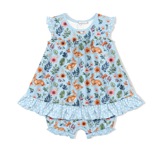 Ice Blue Bunnies&Flowers Skirted Bubble Romper