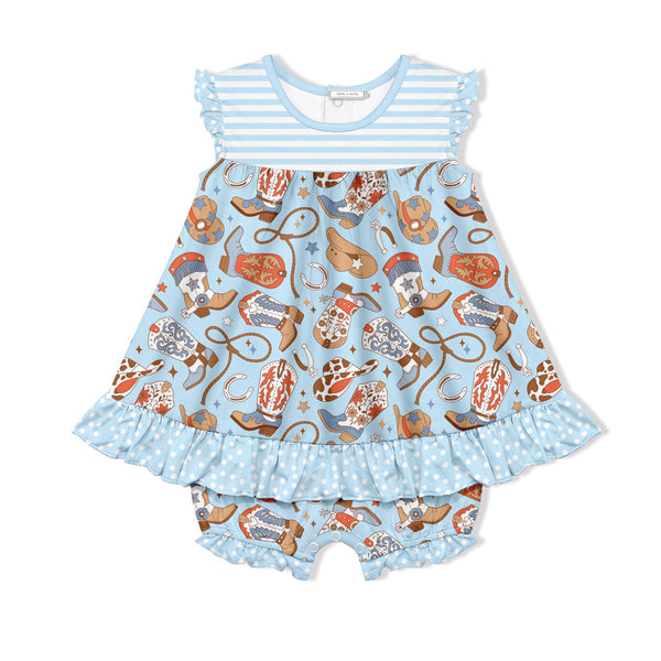 Kids Light Blue Howdy Boots Skirted Bubble Romper
