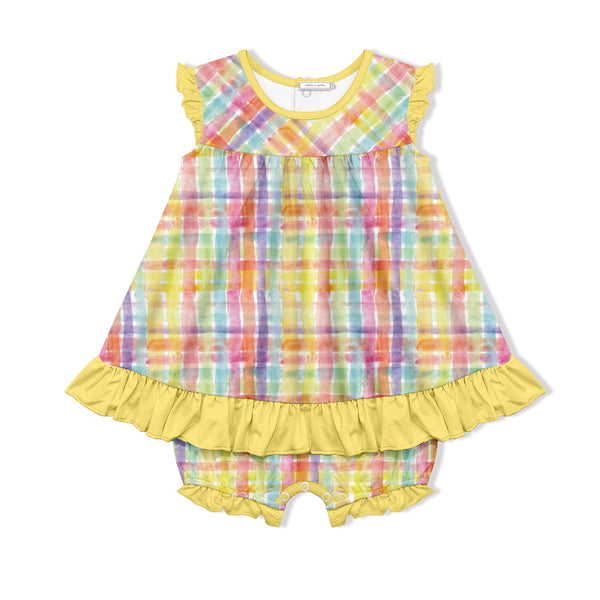 Kids Yellow Painted Plaid Skirted Bubble Romper