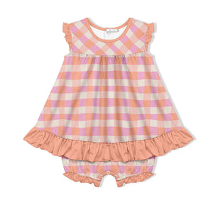 Kids Coral Wavy Check Skirted Bubble Romper