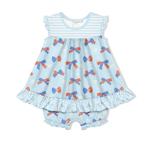 Kids Ice Blue Americana Bows Skirted Bubble Romper
