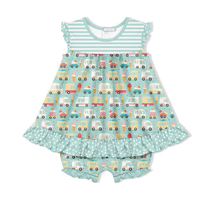 Kids Mint Ice Cream Trucks Skirted Bubble Romper