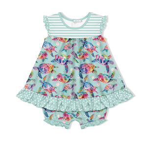 Kids Mint Tie-Dye Turtles Skirted Bubble Romper