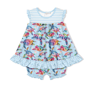 KidsLight Blue Tie-Dye Turtles Skirted Bubble Romper