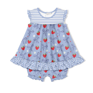Kids Periwinkle Strawberries & Bows Skirted Bubble Romper