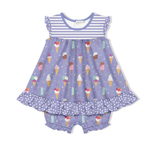 Kids Purple Ice Cream&Sprinkles Skirted Bubble Romper
