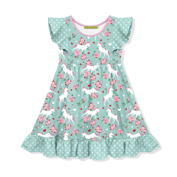 Mint Unicorn Flower Angel-Sleeve Dress