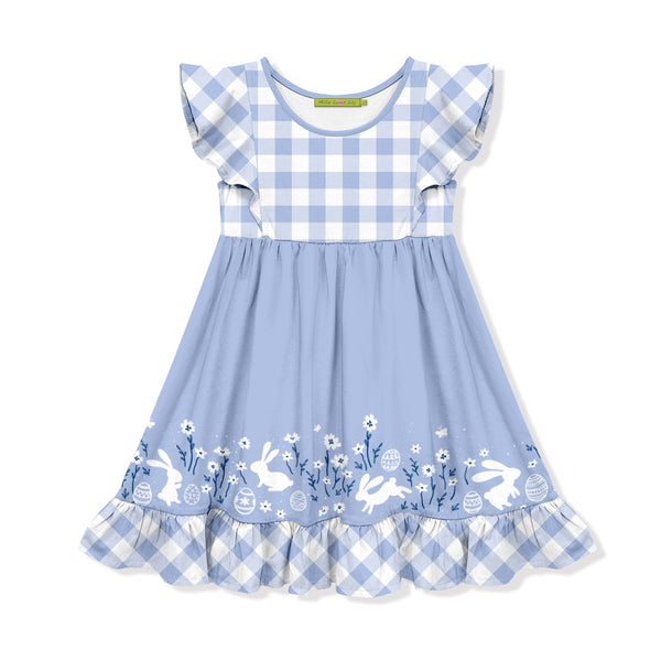 Periwinkle Bunny Flower Border Angel-Sleeve Dress